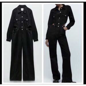 Zara XS Black Denim Jumpsuit Waist Cutouts Long Sleeve Classic Womens Jean